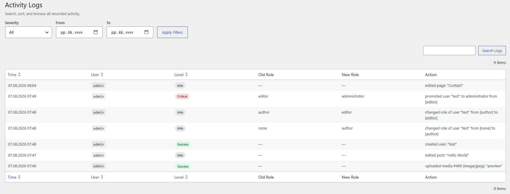 Activity logs page with filters, search, and sortable columns