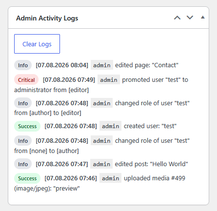 Dashboard widget showing recent admin actions