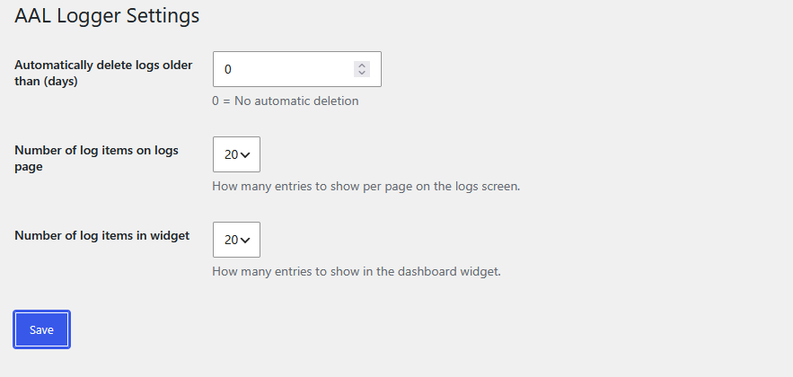 Settings page for log retention and widget count controls